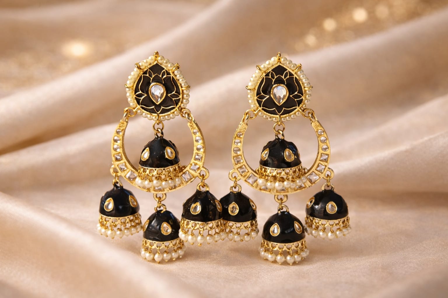 black meenakari kundan multi jhumka earrings handmade | pearl drop bridal earrings black meenakari kundan multi jhumka earrings handmade | pearl drop bridal earrings
