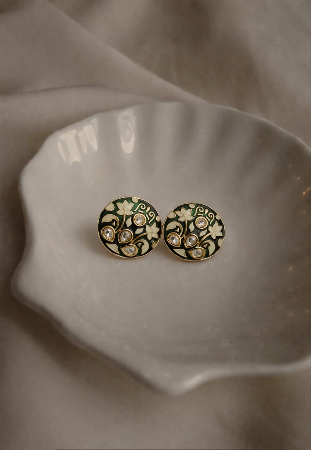 green meenakari stud earrings handmade | kundan floral tops for daily wear green meenakari stud earrings handmade | kundan floral tops for daily wear