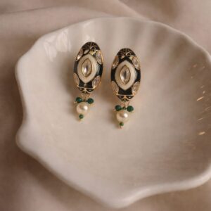 black white meenakari kundan drop earrings handmade | pearl bead elegant earrings