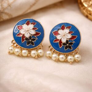 blue meenakari stud earrings for women | floral pearl drop ethnic earrings