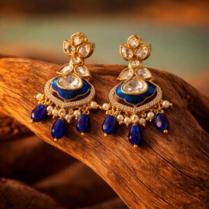 royal blue meenakari kundan jhumka earrings with pearl drops | handmade statement earrings