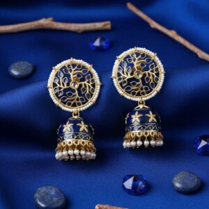blue meenakari kundan jhumka earrings handmade | pearl drop traditional earrings