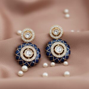 blue meenakari kundan round stud drop earrings | elegant ethnic designer earrings