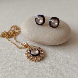 blue meenakari kundan pendant set with stud earrings | elegant ethnic jewellery set