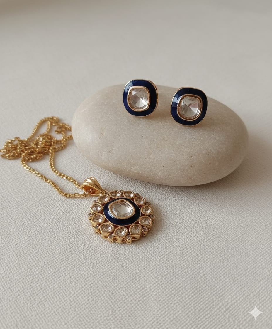blue meenakari kundan pendant set with stud earrings | elegant ethnic jewellery set blue meenakari kundan pendant set with stud earrings | elegant ethnic jewellery set