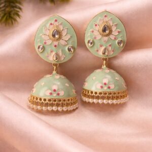 pastel green meenakari floral jhumka earrings with pearl drops | designer ethnic earrings