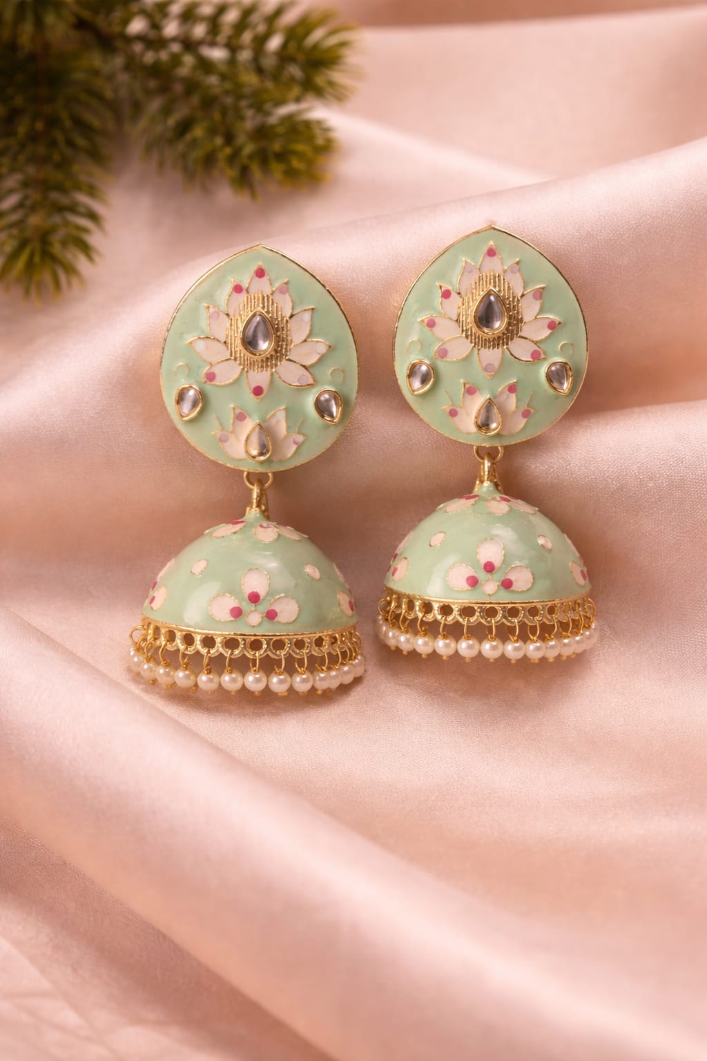 pastel green meenakari floral jhumka earrings with pearl drops | designer ethnic earrings pastel green meenakari floral jhumka earrings with pearl drops | designer ethnic earrings
