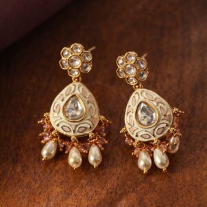 ivory meenakari kundan drop earrings with pearl & bead hangings | elegant ethnic earrings