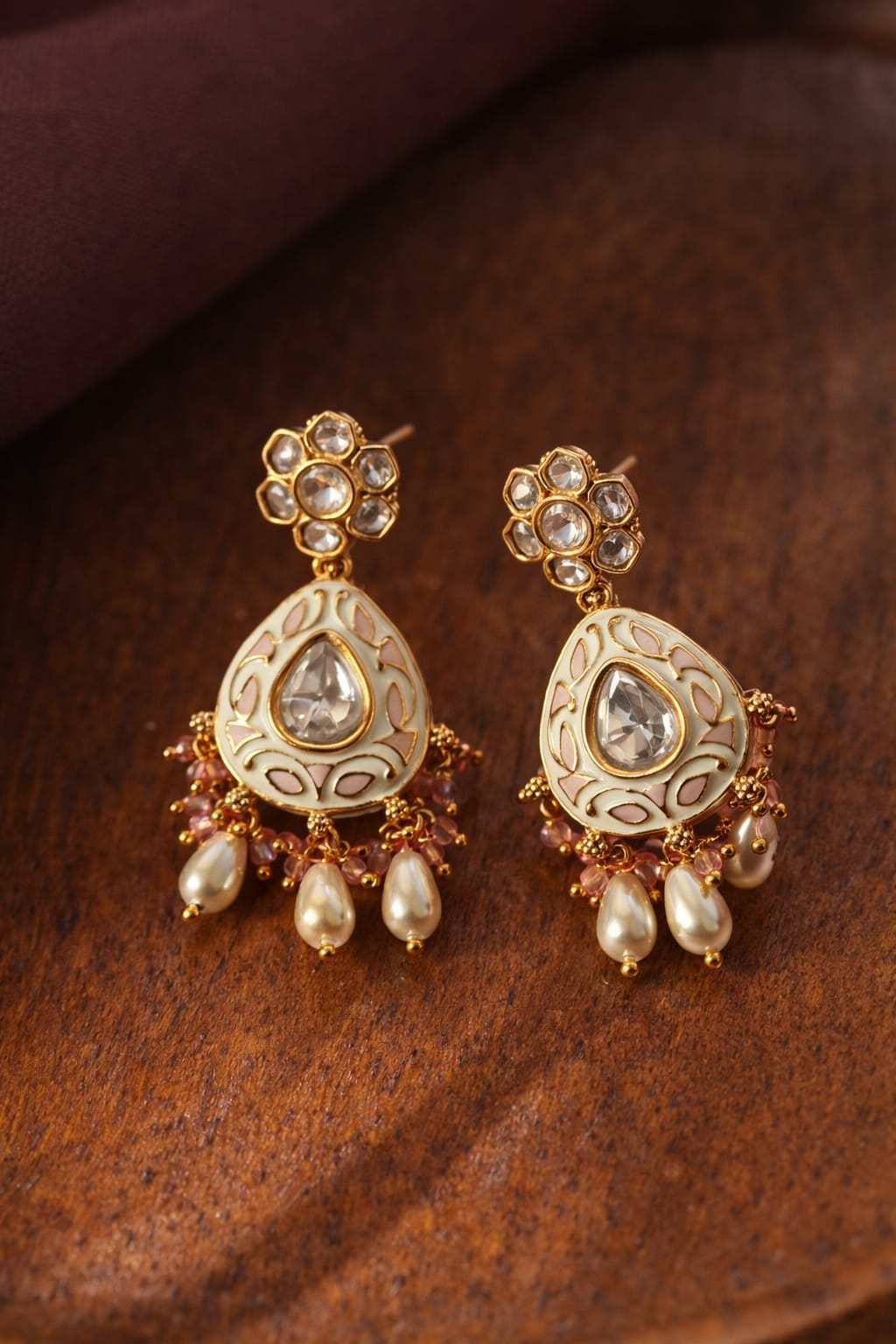 ivory meenakari kundan drop earrings with pearl & bead hangings | elegant ethnic earrings ivory meenakari kundan drop earrings with pearl & bead hangings | elegant ethnic earrings