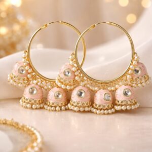 ivory meenakari hoop jhumka earrings with pearl drops | ethnic kundan dangle earrings