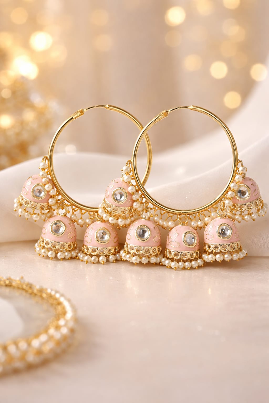 ivory meenakari hoop jhumka earrings with pearl drops | ethnic kundan dangle earrings ivory meenakari hoop jhumka earrings with pearl drops | ethnic kundan dangle earrings