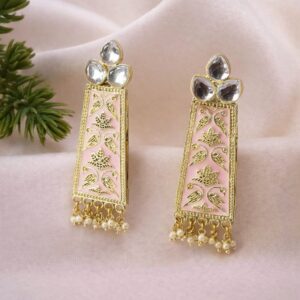 pastel pink meenakari rectangular drop earrings with pearls | kundan ethnic earrings