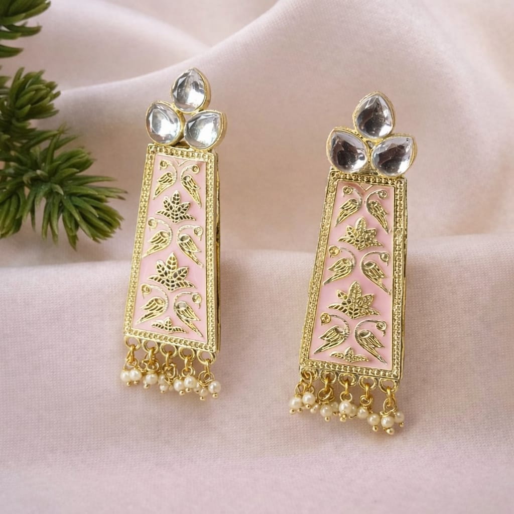 pastel pink meenakari rectangular drop earrings with pearls | kundan ethnic earrings pastel pink meenakari rectangular drop earrings with pearls | kundan ethnic earrings