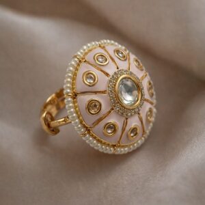 pastel blush meenakari kundan statement ring with pearl border | adjustable ethnic ring