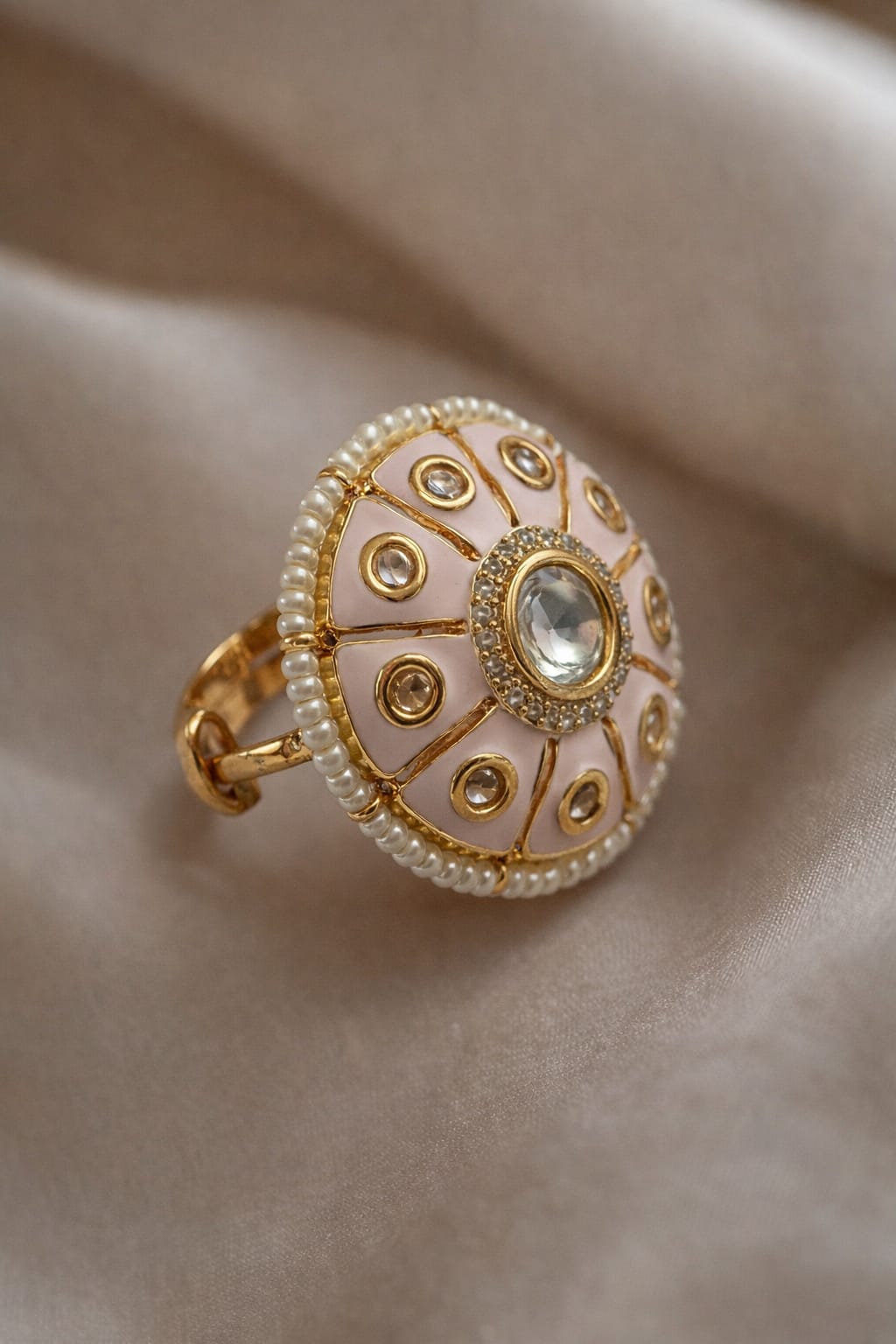 pastel blush meenakari kundan statement ring with pearl border | adjustable ethnic ring pastel blush meenakari kundan statement ring with pearl border | adjustable ethnic ring