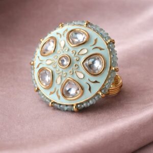 mint green meenakari kundan statement ring with beaded border | adjustable ethnic ring