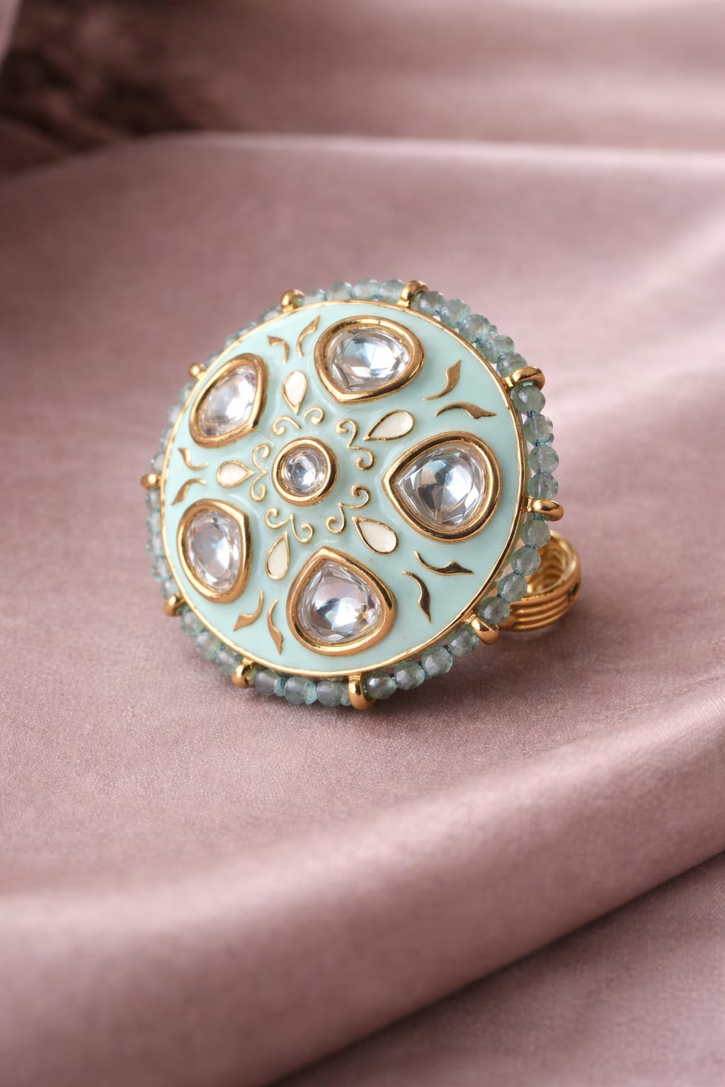 mint green meenakari kundan statement ring with beaded border | adjustable ethnic ring mint green meenakari kundan statement ring with beaded border | adjustable ethnic ring