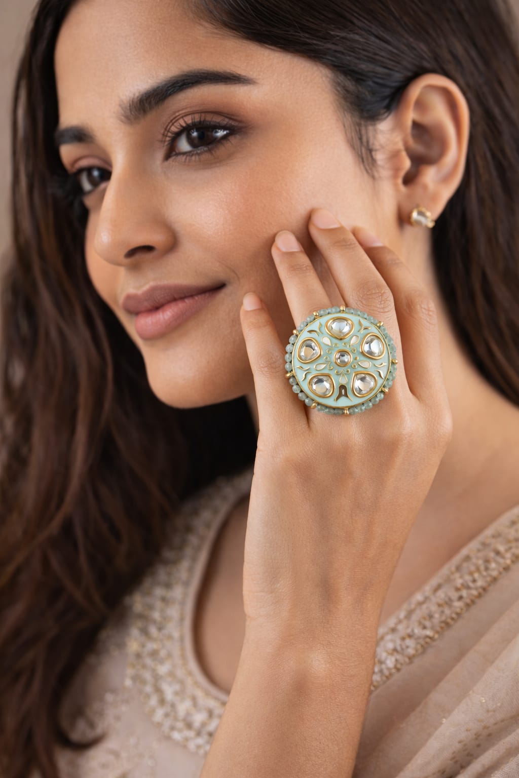 mint green meenakari kundan statement ring with beaded border | adjustable ethnic ring mint green meenakari kundan statement ring with beaded border | adjustable ethnic ring