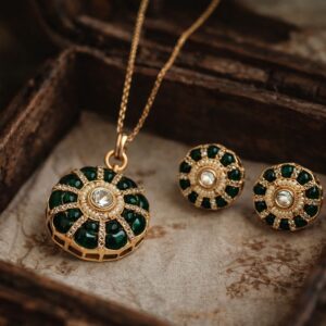dark green kundan pendant set with earrings | elegant ethnic jewellery set for women