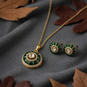 dark green kundan pendant set with chain and earrings for women | ethnic jewellery set