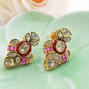 red pink kundan stud earrings for women | polki style ethnic earrings