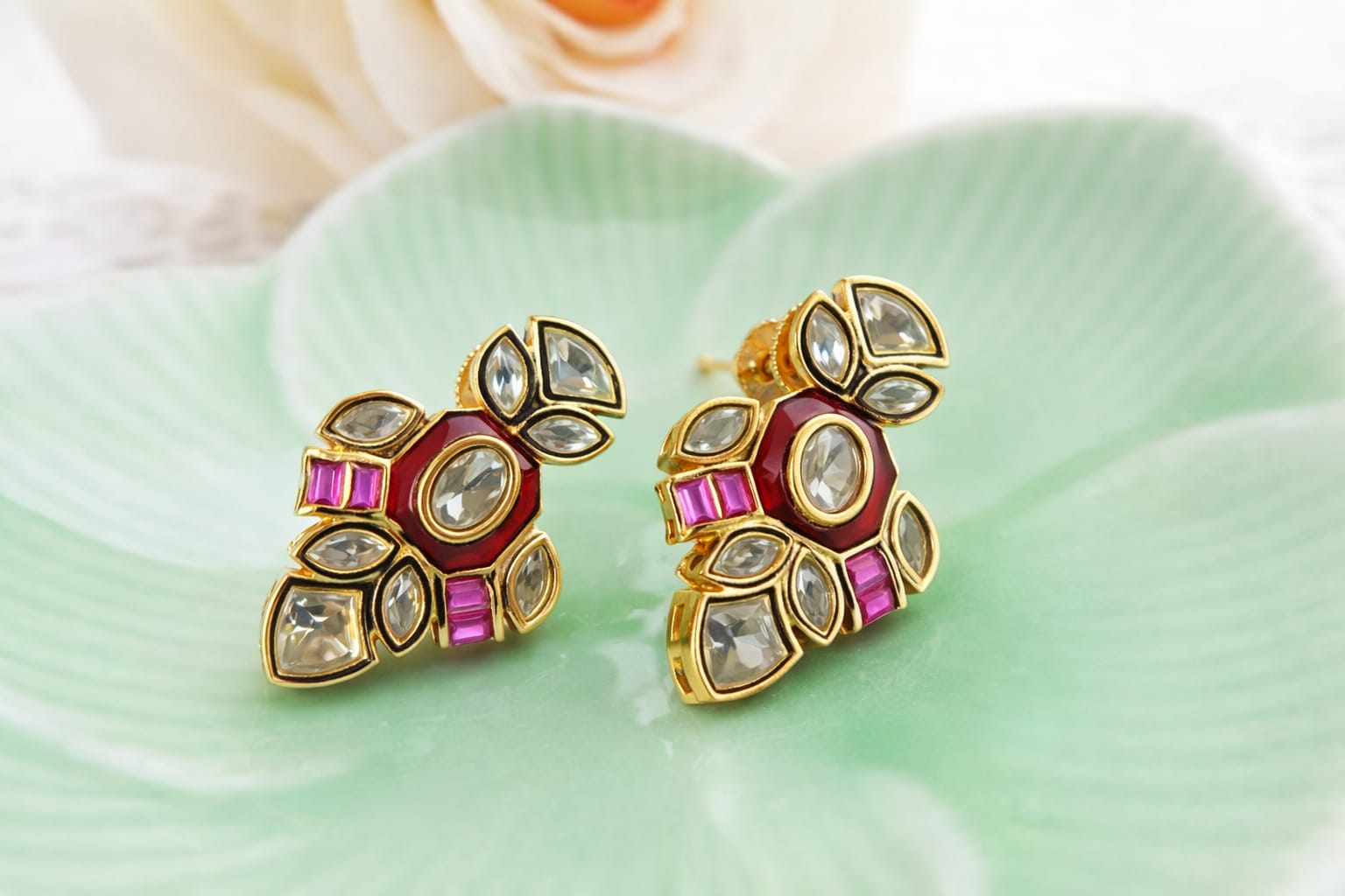 red pink kundan stud earrings for women | polki style ethnic earrings red pink kundan stud earrings for women | polki style ethnic earrings