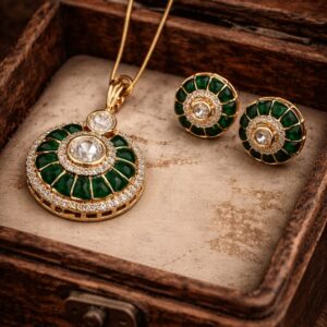 green meenakari pendant set with earrings for women | traditional kundan style jewellery set