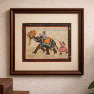 royal elephant tiger hunt miniature painting handmade | framed rajasthani wall art