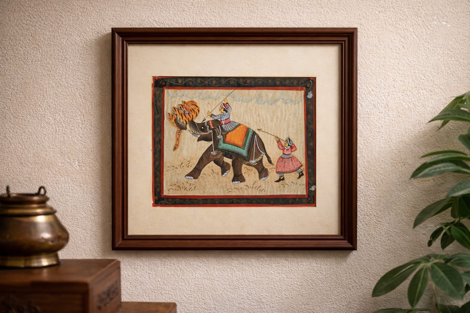royal elephant tiger hunt miniature painting handmade | framed rajasthani wall art royal elephant tiger hunt miniature painting handmade | framed rajasthani wall art