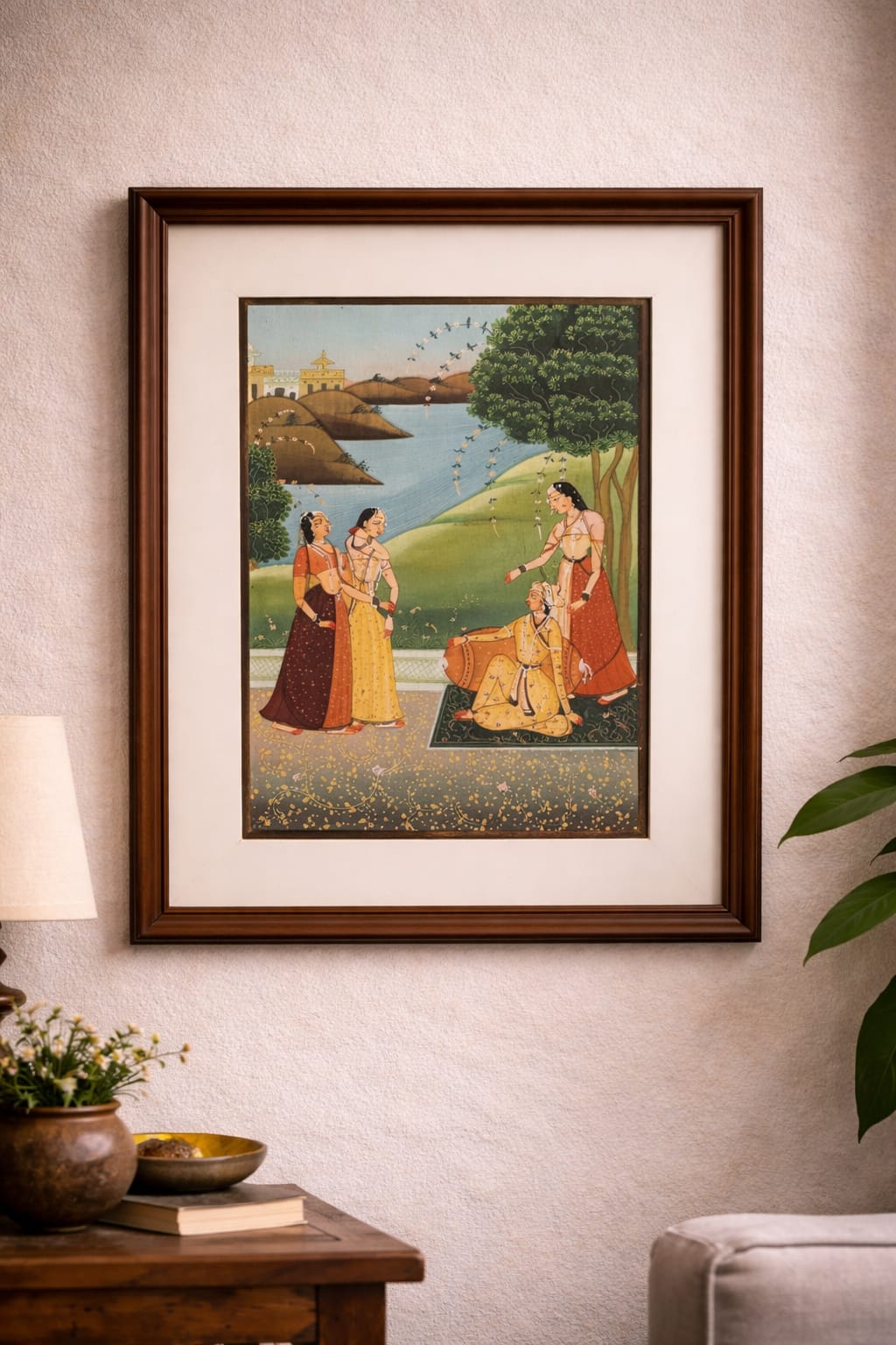 royal garden riverside miniature painting handmade | framed rajasthani wall art royal garden riverside miniature painting handmade | framed rajasthani wall art