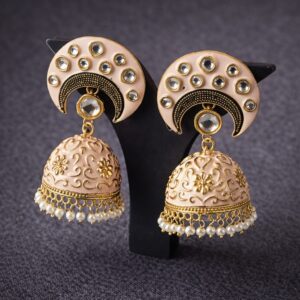 blush ivory meenakari kundan jhumka earrings with pearl drops for women | bridal ethnic earrings