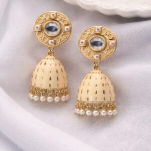 ivory meenakari jhumka earrings with pearl drops for women | ethnic kundan jhumka