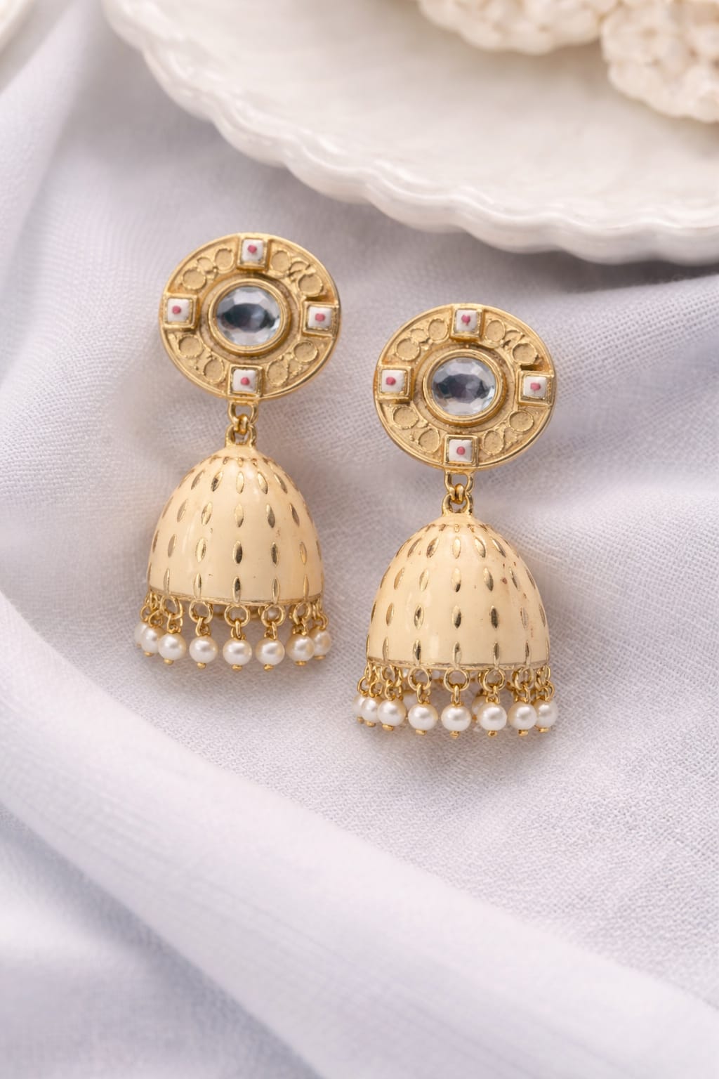 ivory meenakari jhumka earrings with pearl drops for women | ethnic kundan jhumka ivory meenakari jhumka earrings with pearl drops for women | ethnic kundan jhumka