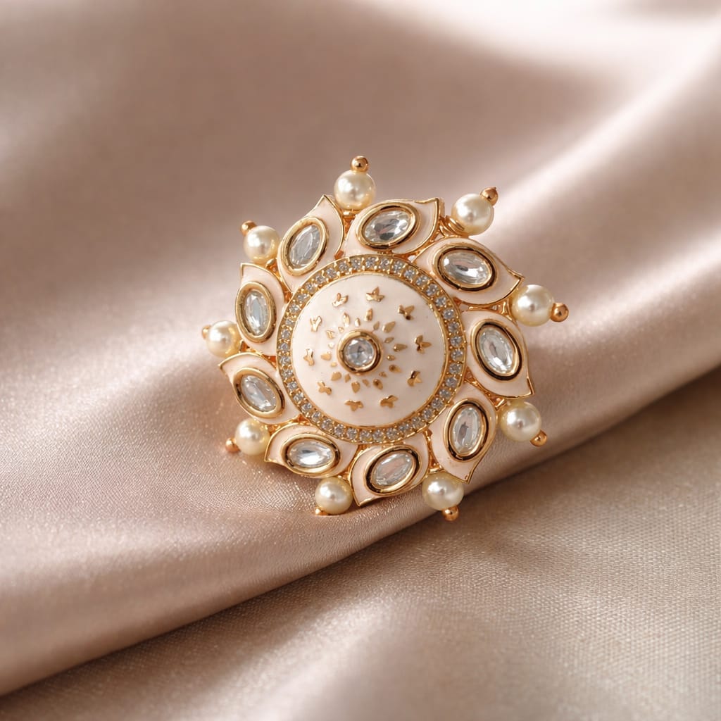 pearl white meenakari kundan statement ring for women | adjustable ethnic cocktail ring pearl white meenakari kundan statement ring for women | adjustable ethnic cocktail ring