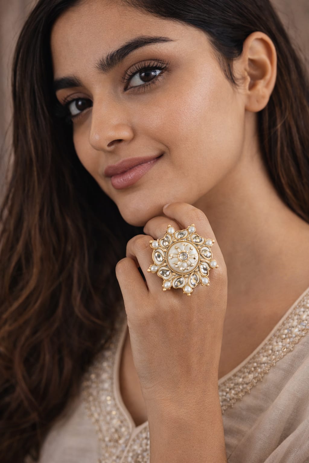 pearl white meenakari kundan statement ring for women | adjustable ethnic cocktail ring pearl white meenakari kundan statement ring for women | adjustable ethnic cocktail ring