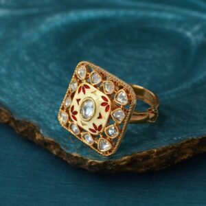 pink meenakari kundan adjustable ring for women | gold plated ethnic cocktail ring