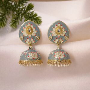 pastel grey meenakari kundan jhumka earrings with pearl drops for women | elegant ethnic earrings