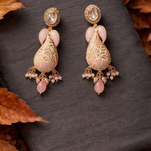 blush pink meenakari kundan long drop earrings for women | pastel ethnic dangler earrings with pearl beads