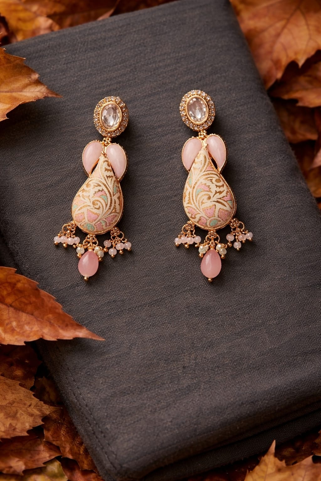 blush pink meenakari kundan long drop earrings for women | pastel ethnic dangler earrings with pearl beads blush pink meenakari kundan long drop earrings for women | pastel ethnic dangler earrings with pearl beads