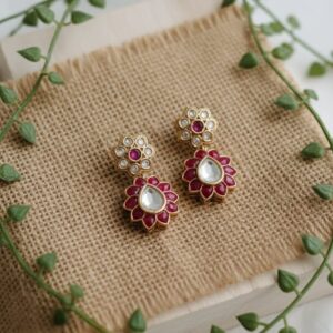 ruby pink meenakari kundan floral drop earrings for women | ethnic stud dangler earrings