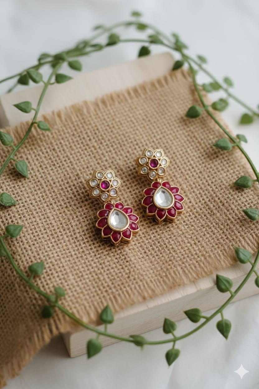 ruby pink meenakari kundan floral drop earrings for women | ethnic stud dangler earrings ruby pink meenakari kundan floral drop earrings for women | ethnic stud dangler earrings