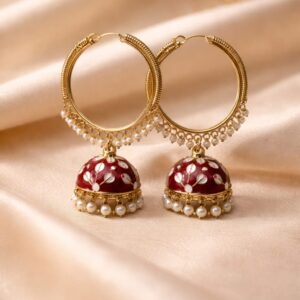 red meenakari hoop jhumka earrings with pearls for women | gold plated ethnic chandbali hoops