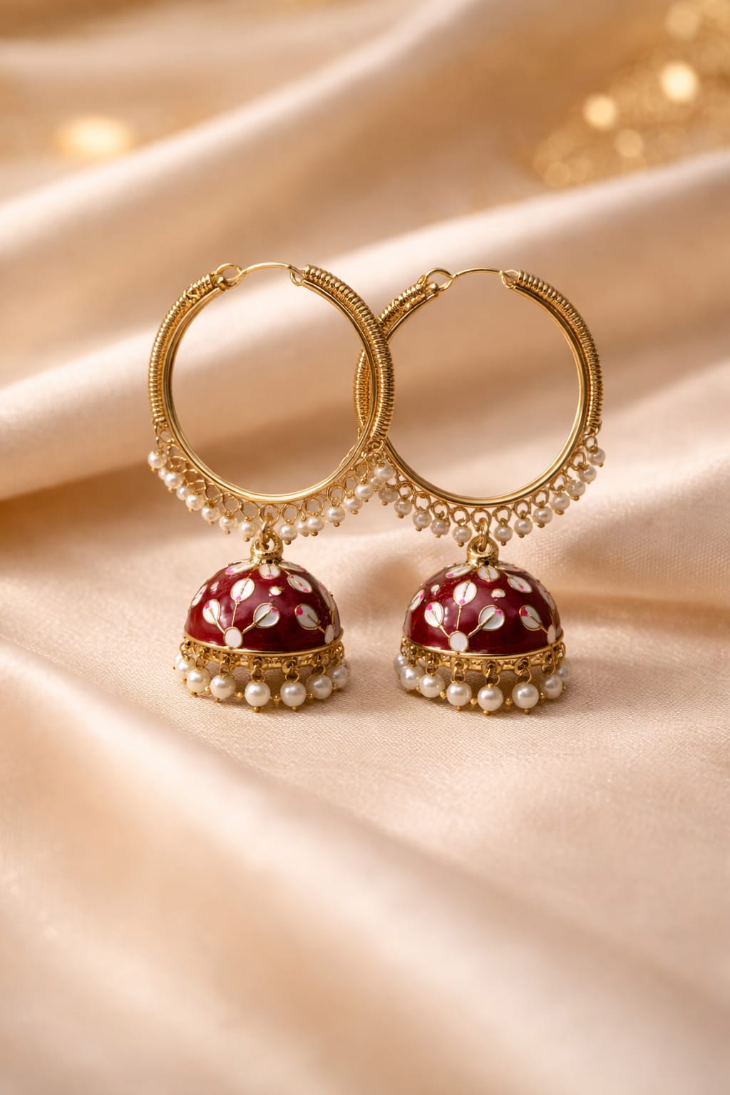 red meenakari hoop jhumka earrings with pearls for women | gold plated ethnic chandbali hoops red meenakari hoop jhumka earrings with pearls for women | gold plated ethnic chandbali hoops
