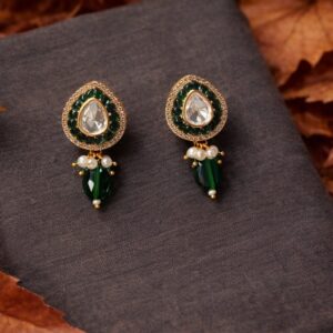 green kundan teardrop statement earrings with pearl drops for women | gold plated ethnic party wear earrings