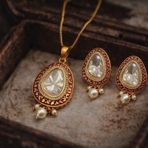red meenakari kundan teardrop pendant set with earrings for women | gold plated bridal jewellery set