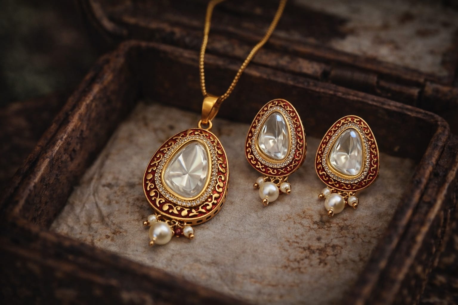 red meenakari kundan teardrop pendant set with earrings for women | gold plated bridal jewellery set red meenakari kundan teardrop pendant set with earrings for women | gold plated bridal jewellery set
