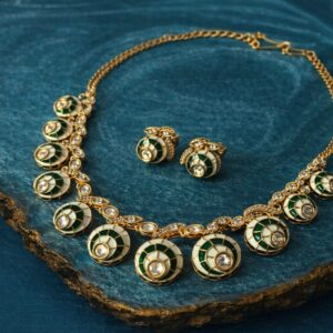 green meenakari kundan choker necklace set with earrings for women | gold plated bridal jewellery set