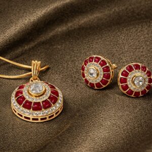 red meenakari kundan peacock pendant set with earrings for women | gold plated bridal jewellery set