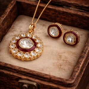 red meenakari kundan pendant set with earrings | traditional bridal jewelry set for women