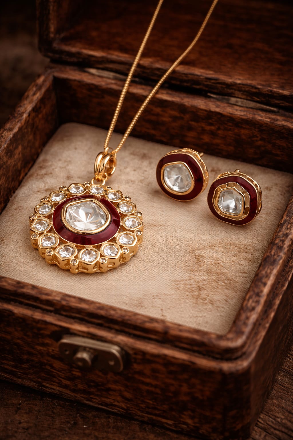 red meenakari kundan pendant set with earrings | traditional bridal jewelry set for women red meenakari kundan pendant set with earrings | traditional bridal jewelry set for women